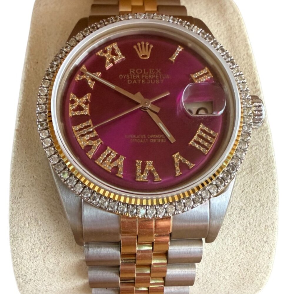 Rolex Datejust 1601 watch with purple Roman numeral dial and Jubilee bracelet.